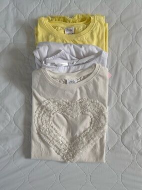 Zara Kids Yellow & White Short Sleeve Tees with Cream Heart Applique